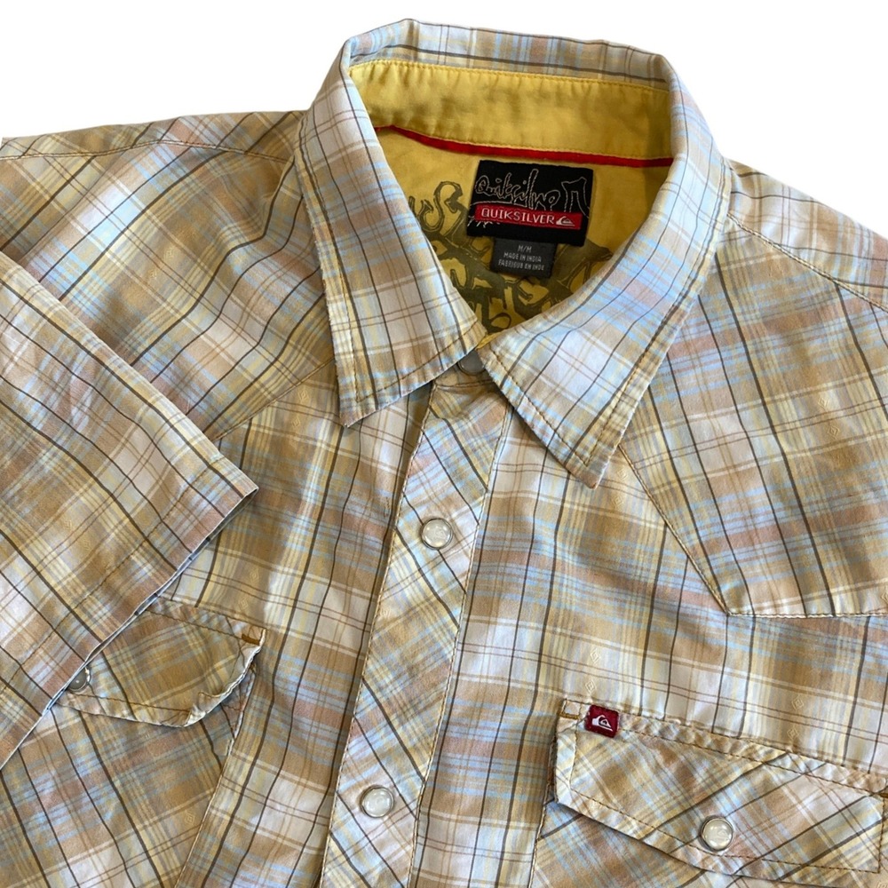 Quiksilver Mens M Plaid Pearl Snap Western Shirt Short Sleeve Tan Blue Cowboy